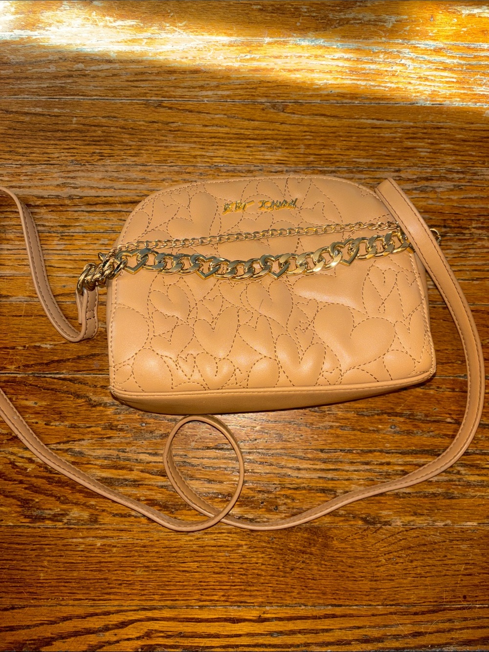 Betsey Johnson Nude Quilted Heart Crossbody with Gold Chain